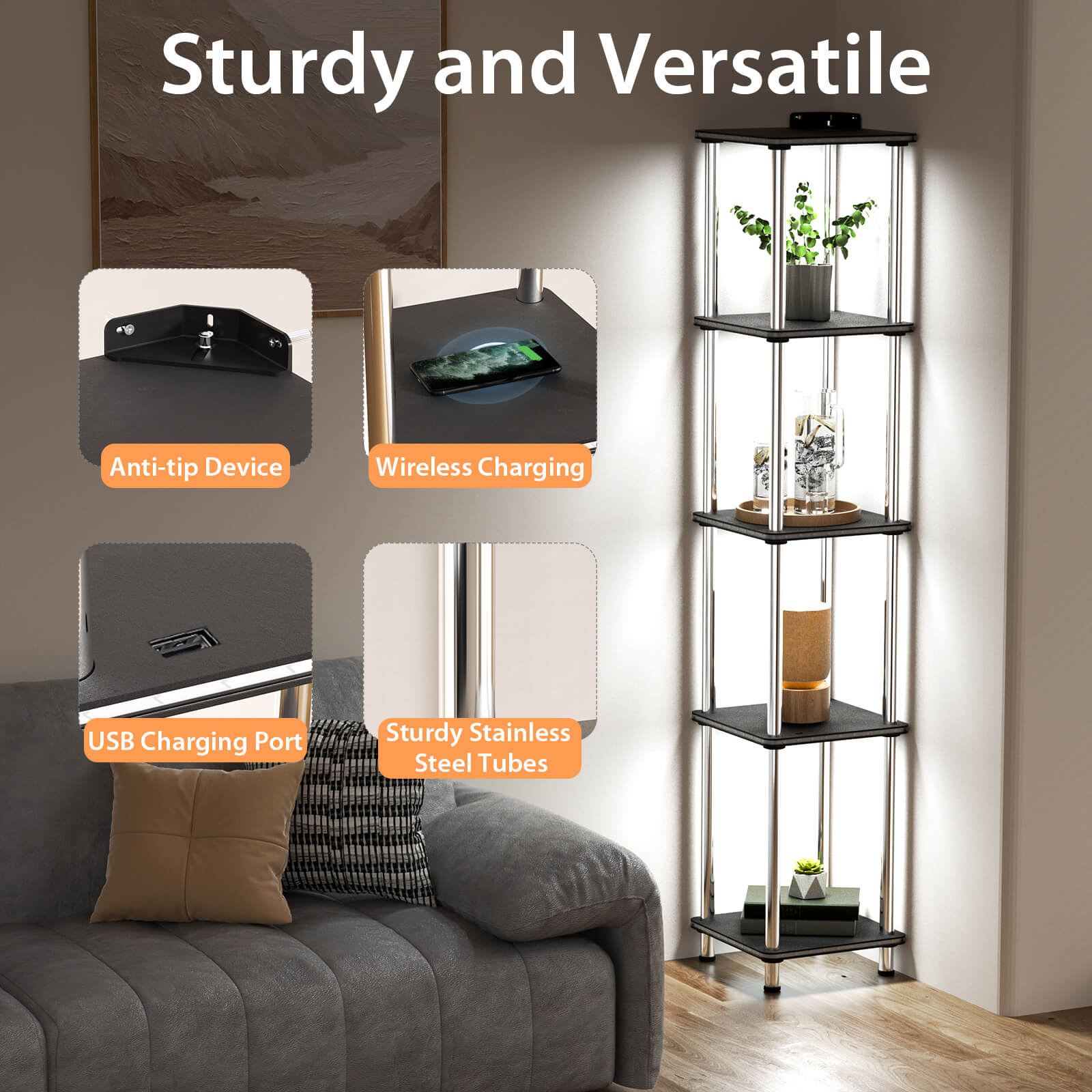 floor lamp with shelves has wireless charging